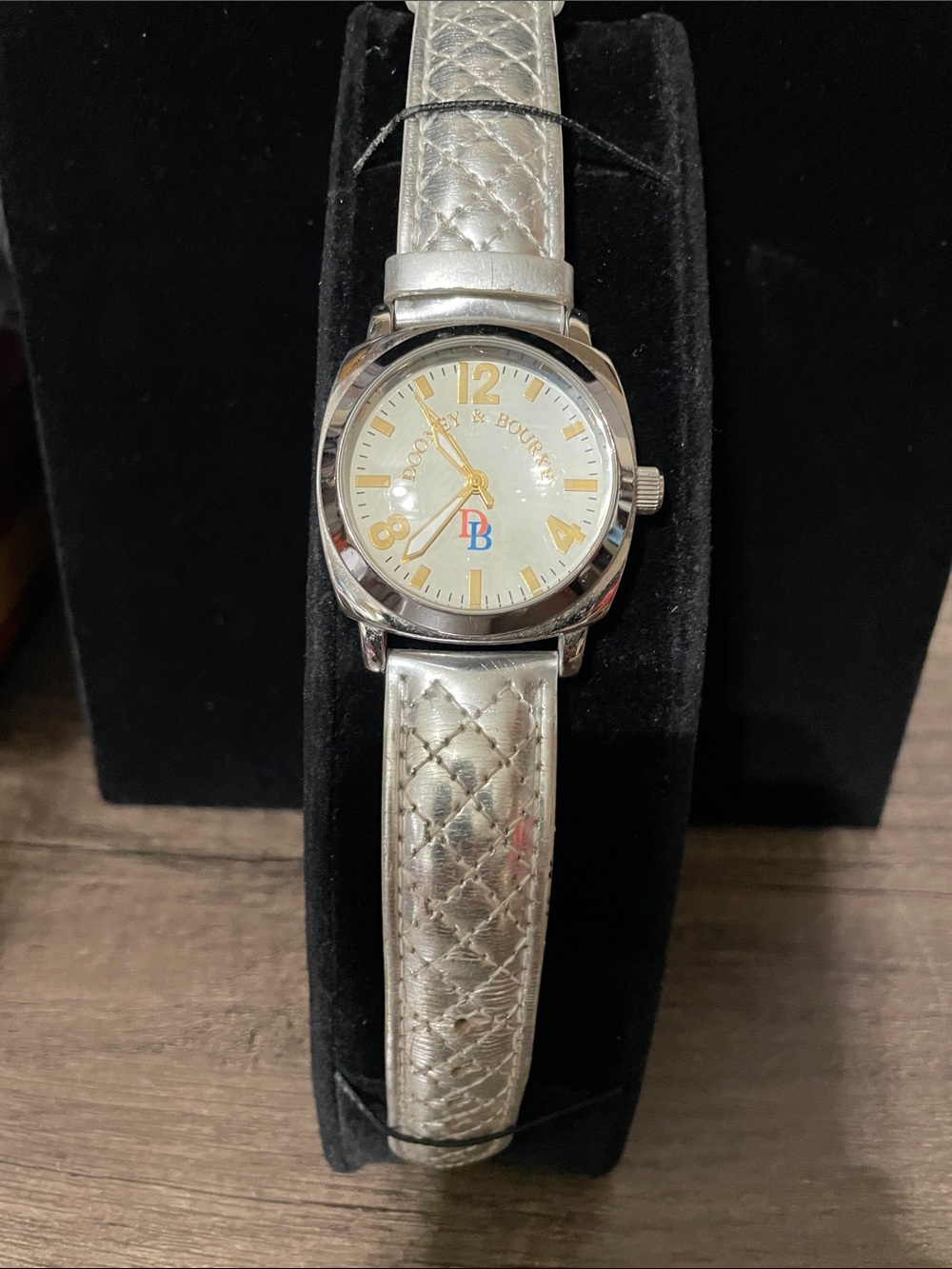 Dooney & Bourke Silver Quilted Leather Strap Watch with Gold Accents.